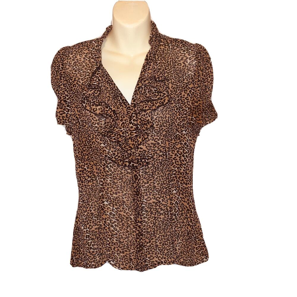 Sz L Worthington V-Neck Animal Mini Print Blouse Ruffle Front Sheer Feminine NWT